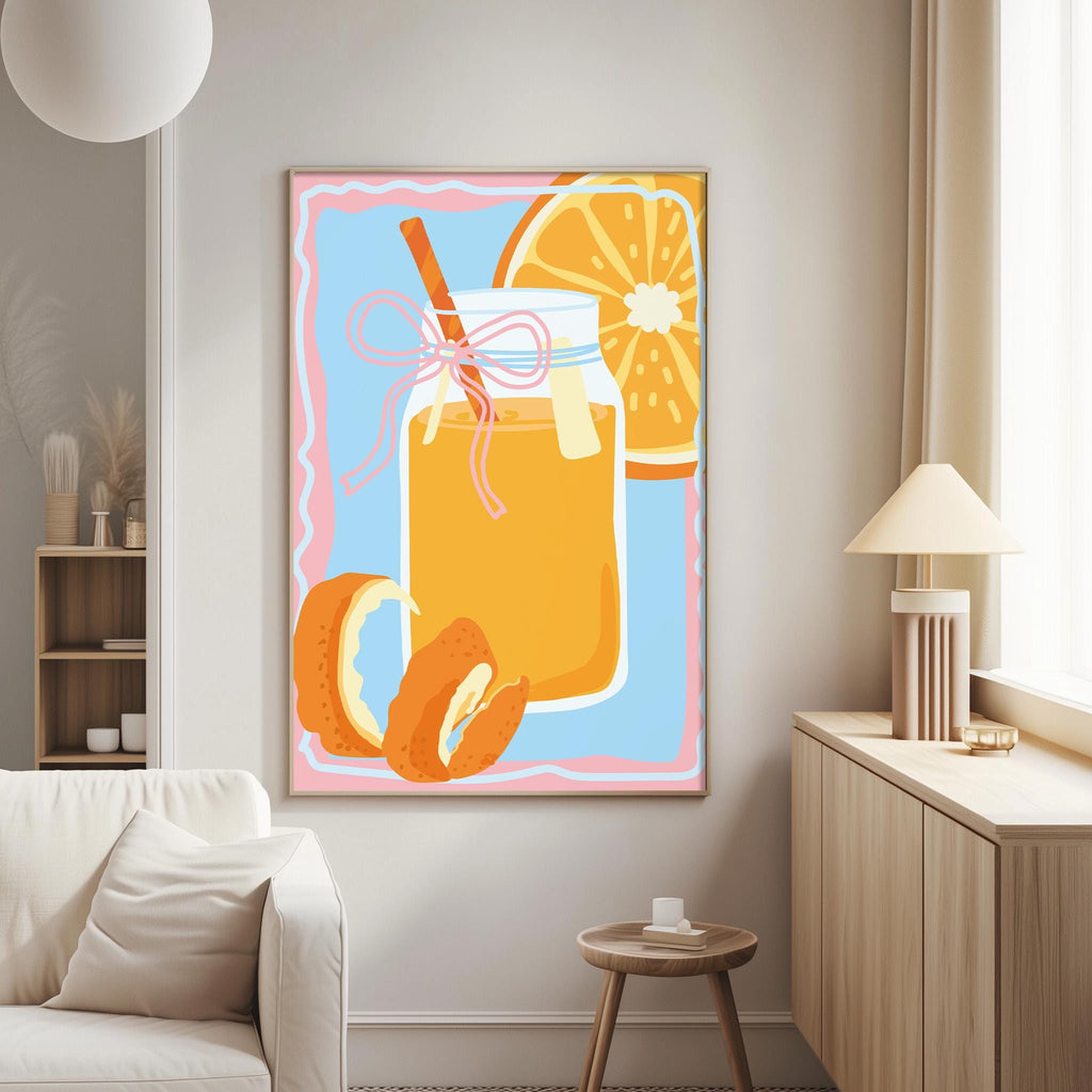a large, colorful painting of a jar of orange juice with a slice of orange on the side, hanging on a wall in a living room.