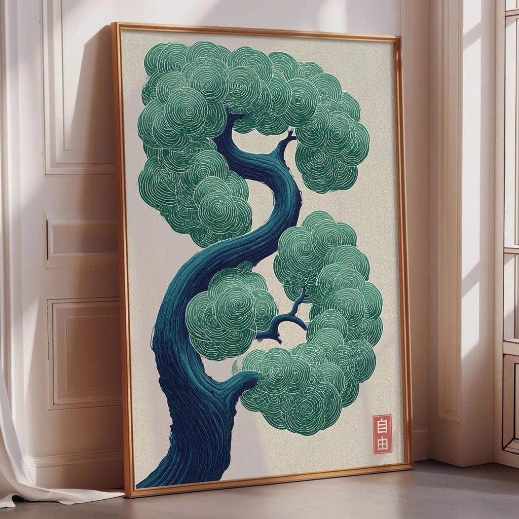 a large, framed artwork depicting a stylized tree with intricate, swirling patterns in shades of green and blue.