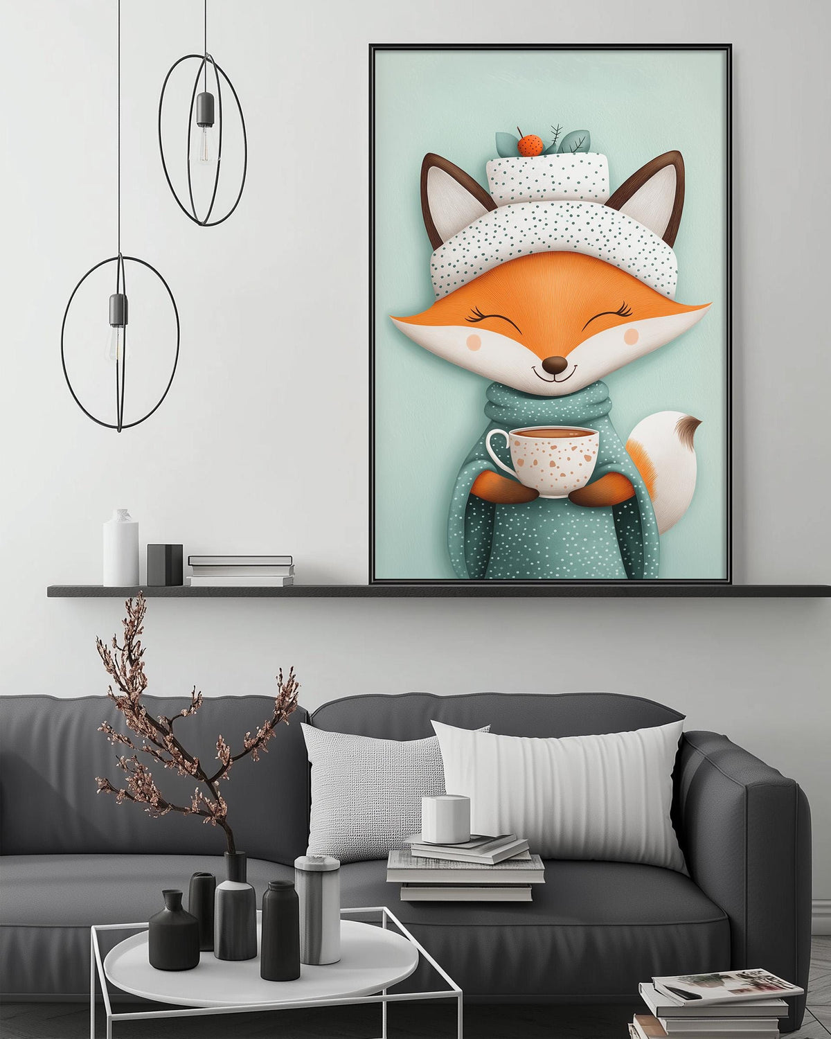 a cozy living room with a gray couch, a coffee table, and a large framed illustration of a cartoon fox holding a cup of tea.