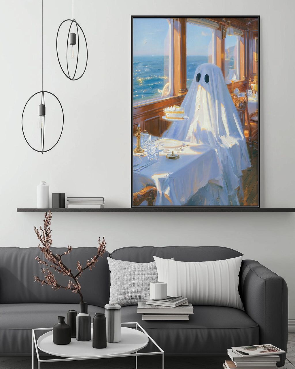 a large painting of a ghost sitting at a table with a vase of flowers, a stack of books, and a bowl of fruit on a shelf above it. The painting is displayed on a wall above a gray couch in a living room setting.