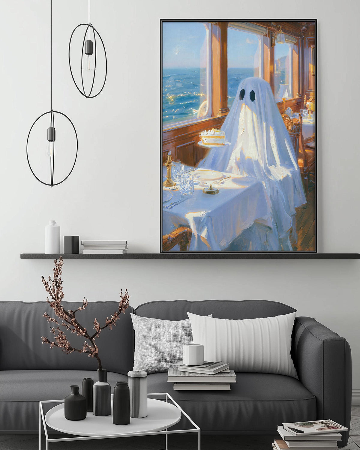 a large painting of a ghost sitting at a table with a vase of flowers, a stack of books, and a bowl of fruit on a shelf above it. The painting is displayed on a wall above a gray couch in a living room setting.