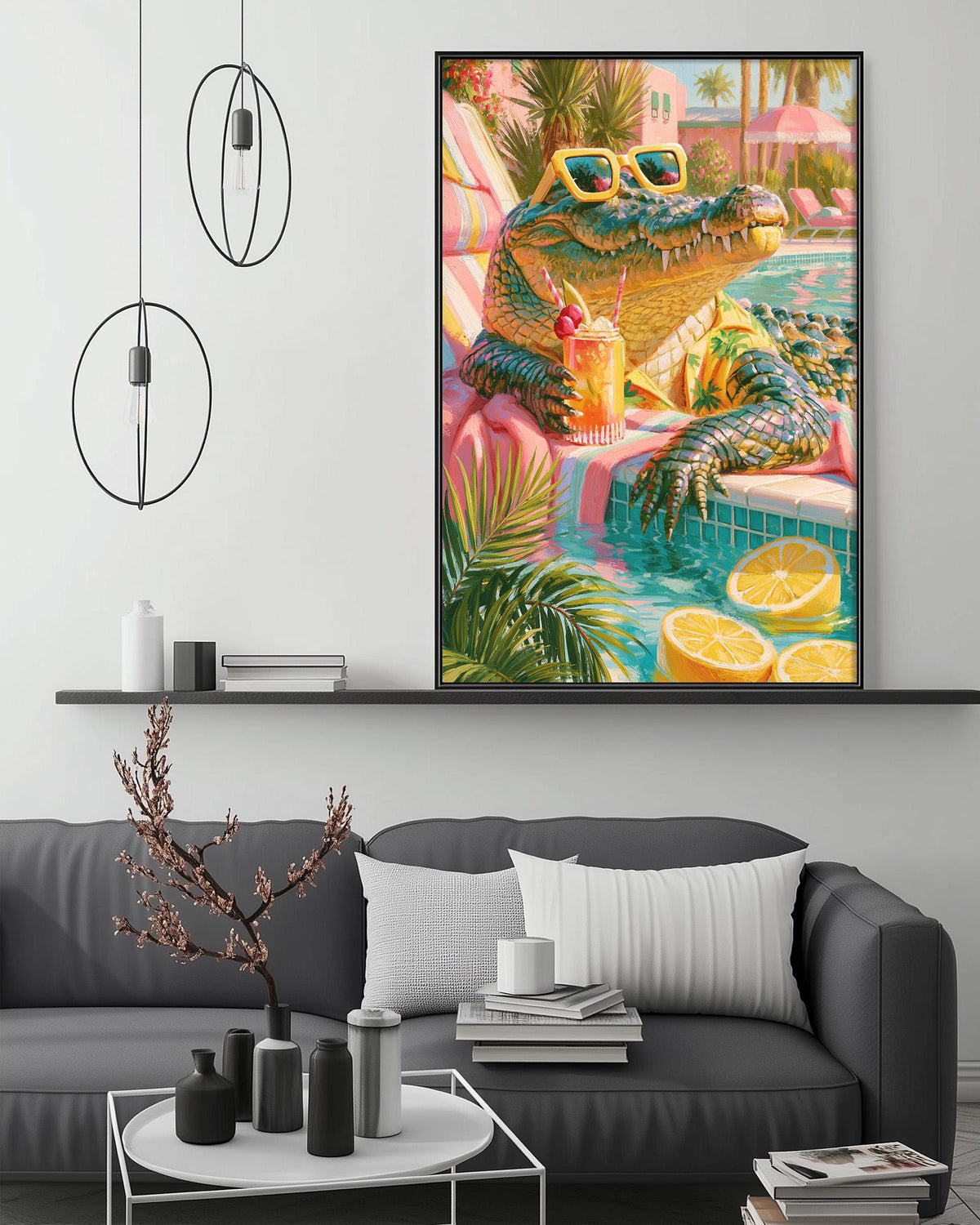 a large, colorful painting of a crocodile sitting in a pool, surrounded by tropical foliage and fruit.