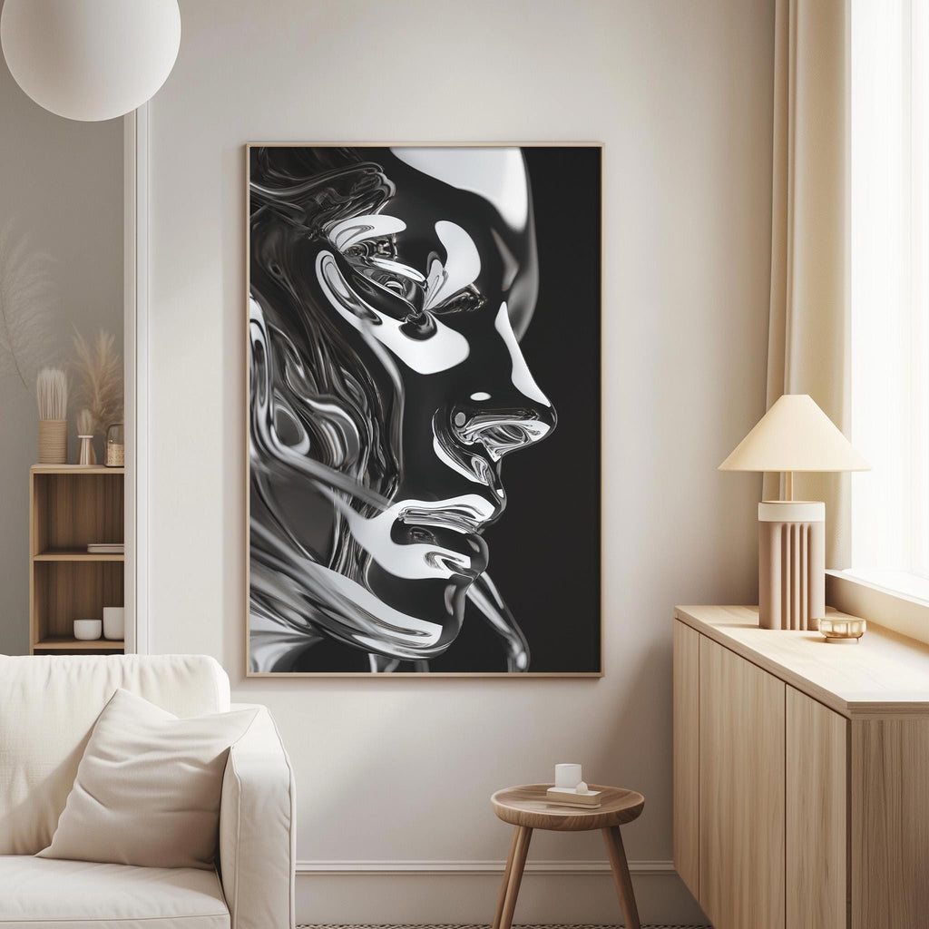 a modern living room with a large black and white portrait of a woman's face hanging on the wall. The room has a white sofa, a wooden side table, and a lamp on a wooden cabinet.