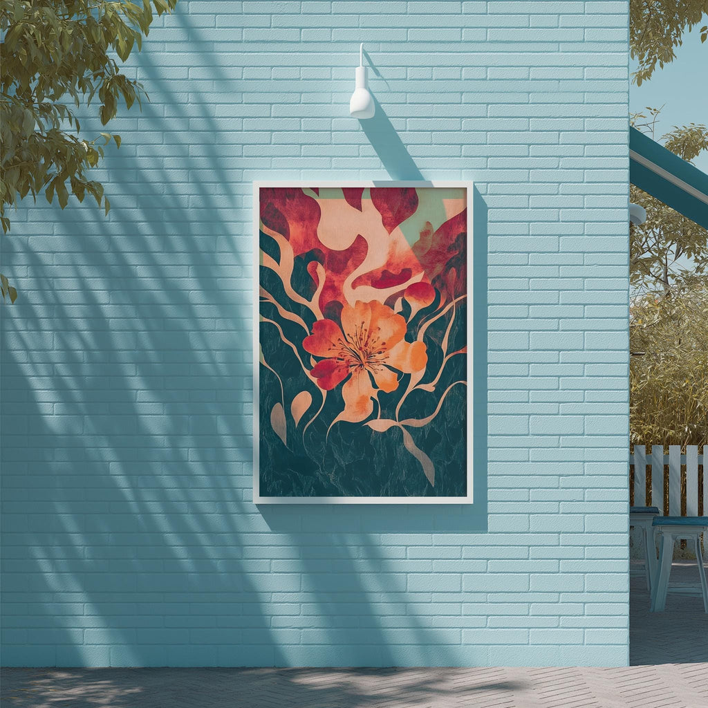 a vibrant, abstract floral artwork displayed on a blue brick wall.