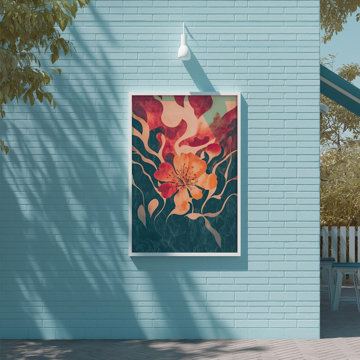 a vibrant, abstract floral artwork displayed on a blue brick wall.