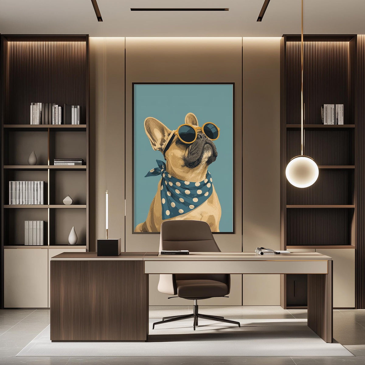 a modern office space with a large framed picture of a dog wearing sunglasses on the wall. The dog appears to be wearing a blue and white polka dot bandana. The office has a wooden desk, a chair, and a bookshelf filled with books. The overall design of the space is contemporary and stylish.