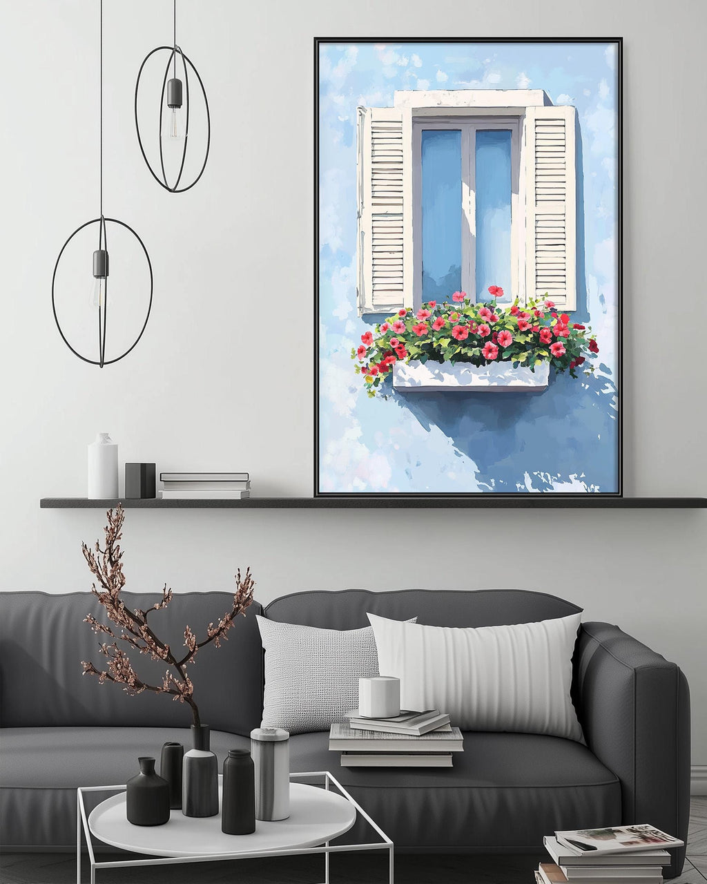 a living room with a gray sofa, a coffee table, and a large painting of a window with a flower box on the wall above it.