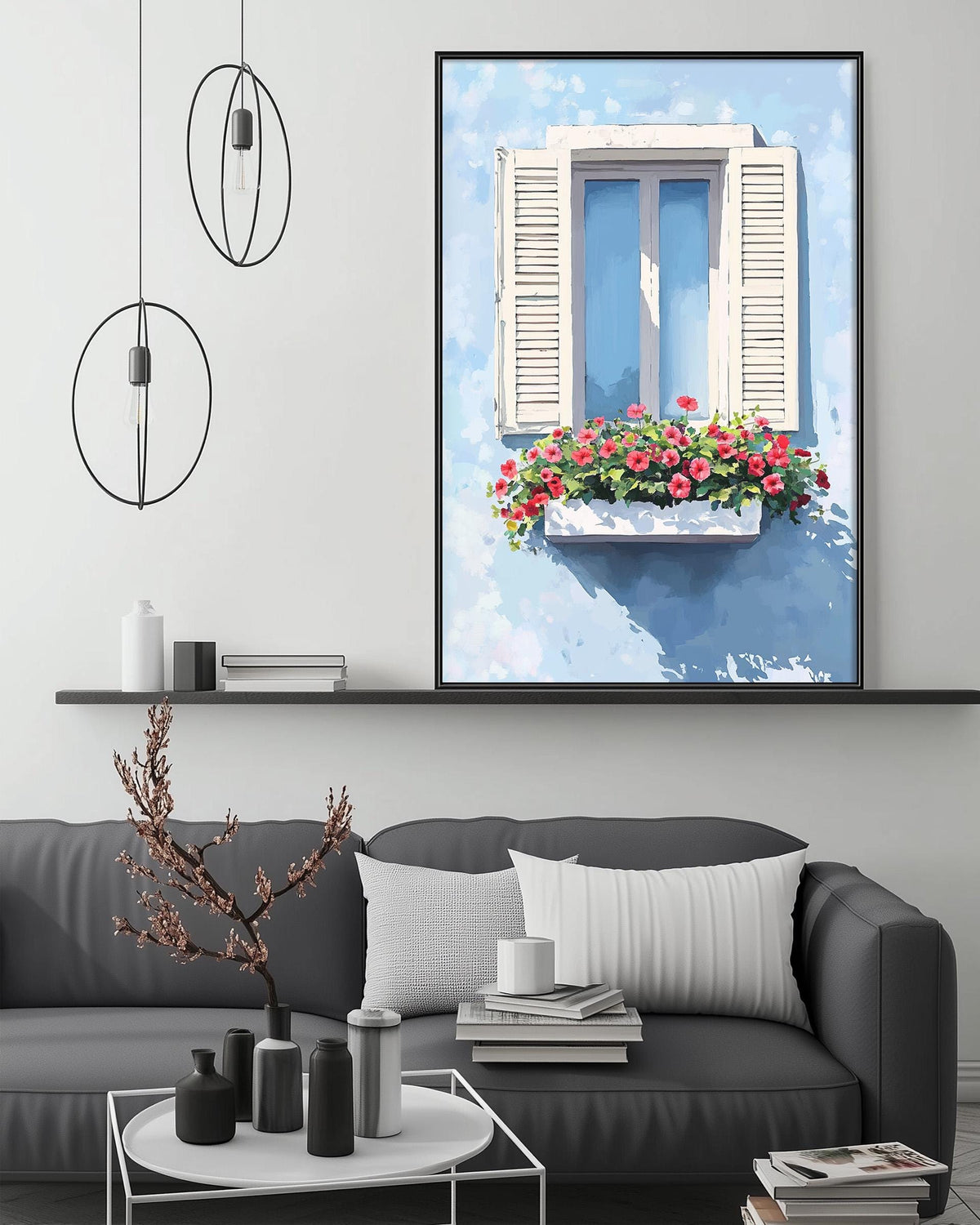 a living room with a gray sofa, a coffee table, and a large painting of a window with a flower box on the wall above it.