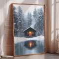 A large framed picture depicting a cozy cabin nestled in a snowy forest, with a serene lake reflecting the cabin and surrounding trees.
