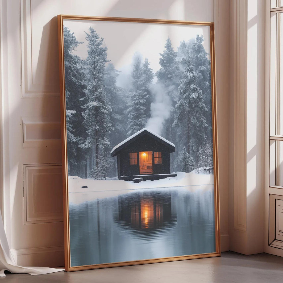 A large framed picture depicting a cozy cabin nestled in a snowy forest, with a serene lake reflecting the cabin and surrounding trees.