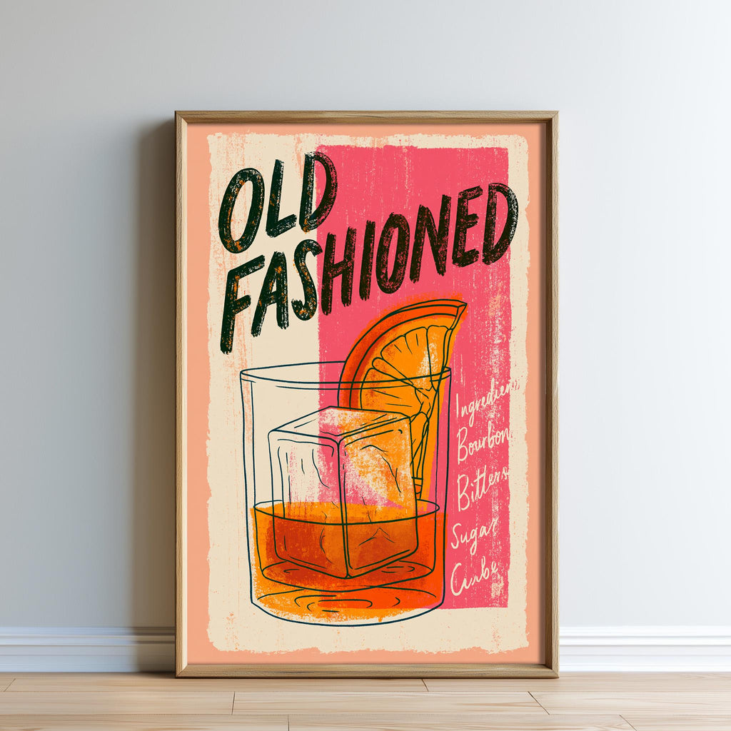 The image is a framed poster with a stylized illustration of a cocktail glass and a slice of orange.