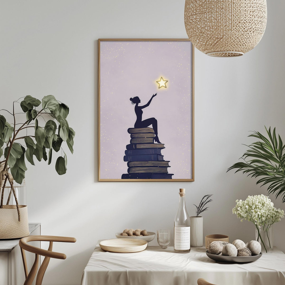 a framed illustration of a woman sitting on a stack of books, with a star above her, on a wall above a table with various items on it.