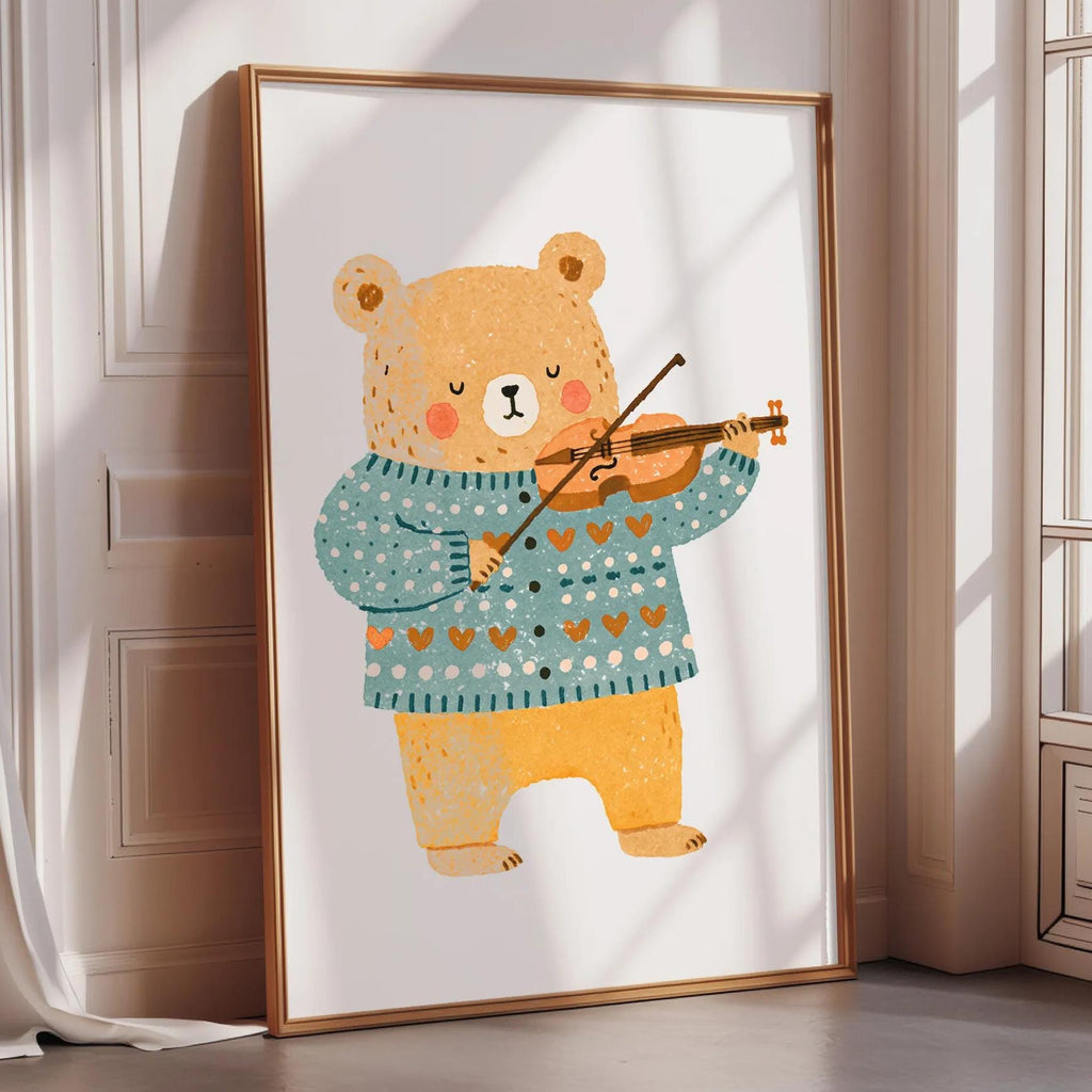 A framed illustration of a bear playing a violin.