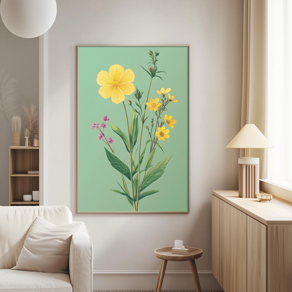 a living room with a large framed print of a vibrant yellow flower and green leaves hanging on the wall. The room has a white sofa, a wooden side table, and a lamp on a wooden cabinet.