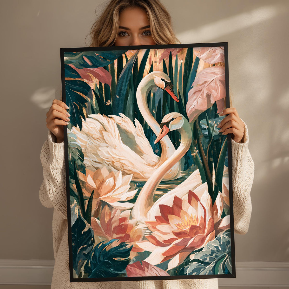 A woman holds up a framed painting of two swans surrounded by tropical foliage, including flowers and leaves.