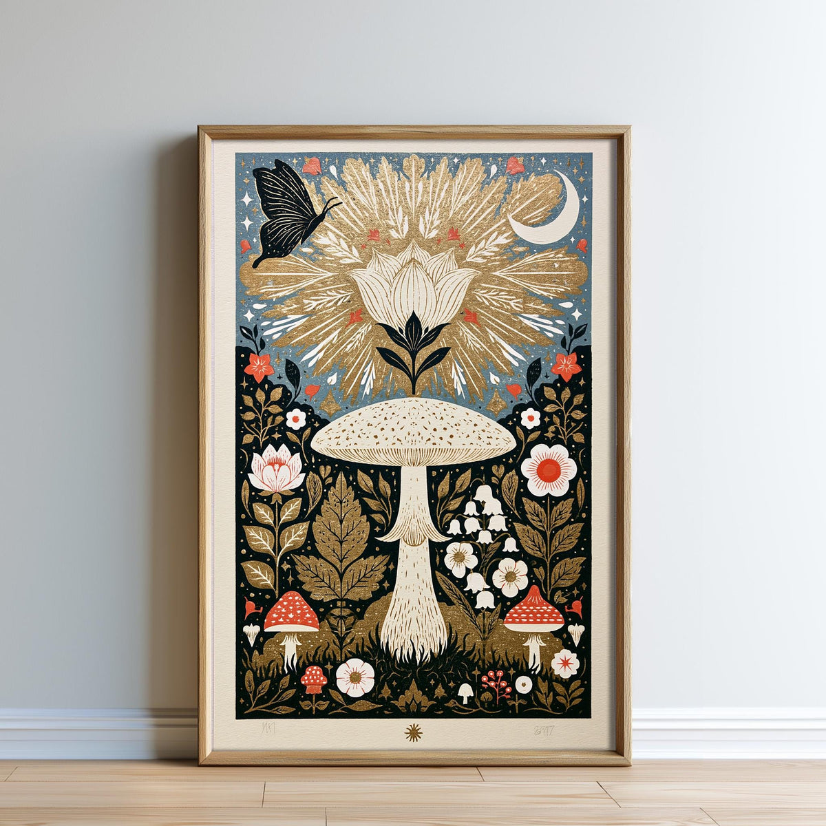 The image is a framed artwork depicting a whimsical, nature-inspired scene with a large sunflower, mushrooms, flowers, and a butterfly.