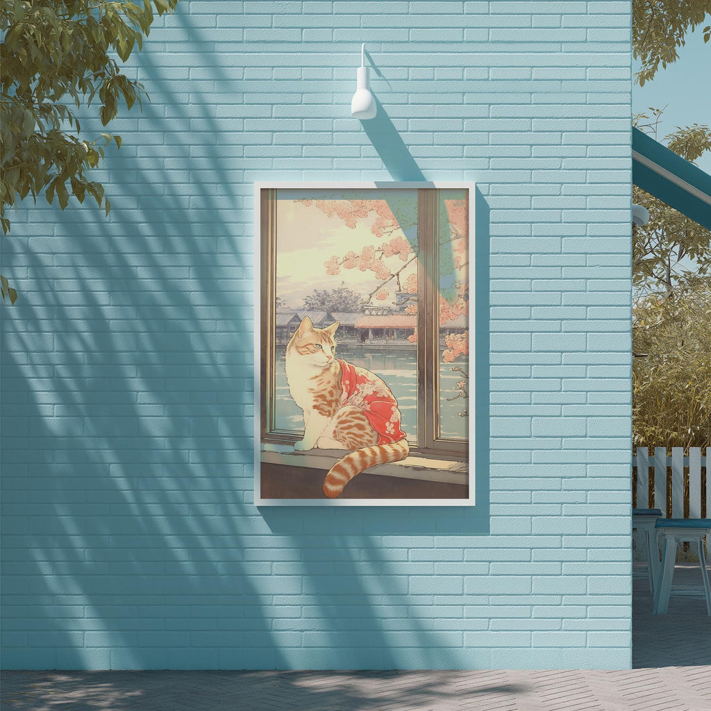 A framed illustration of a cat sitting on a windowsill, looking out at a scenic view of a river and trees, is displayed on a blue brick wall.