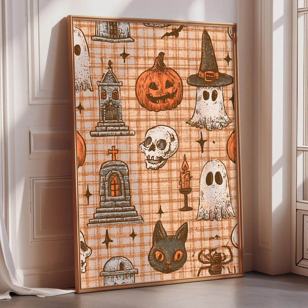 a Halloween-themed poster with various spooky and supernatural illustrations, including a jack-o-lantern, ghost, skeleton, witch's hat, castle, and spider, all set against a plaid background.