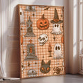 a Halloween-themed poster with various spooky and supernatural illustrations, including a jack-o-lantern, ghost, skeleton, witch's hat, castle, and spider, all set against a plaid background.
