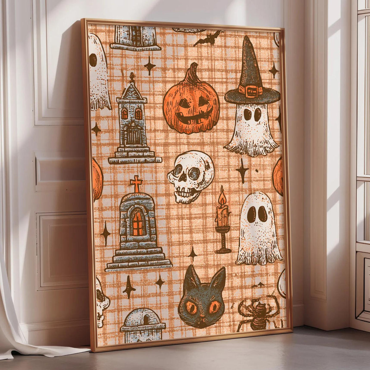 a Halloween-themed poster with various spooky and supernatural illustrations, including a jack-o-lantern, ghost, skeleton, witch's hat, castle, and spider, all set against a plaid background.