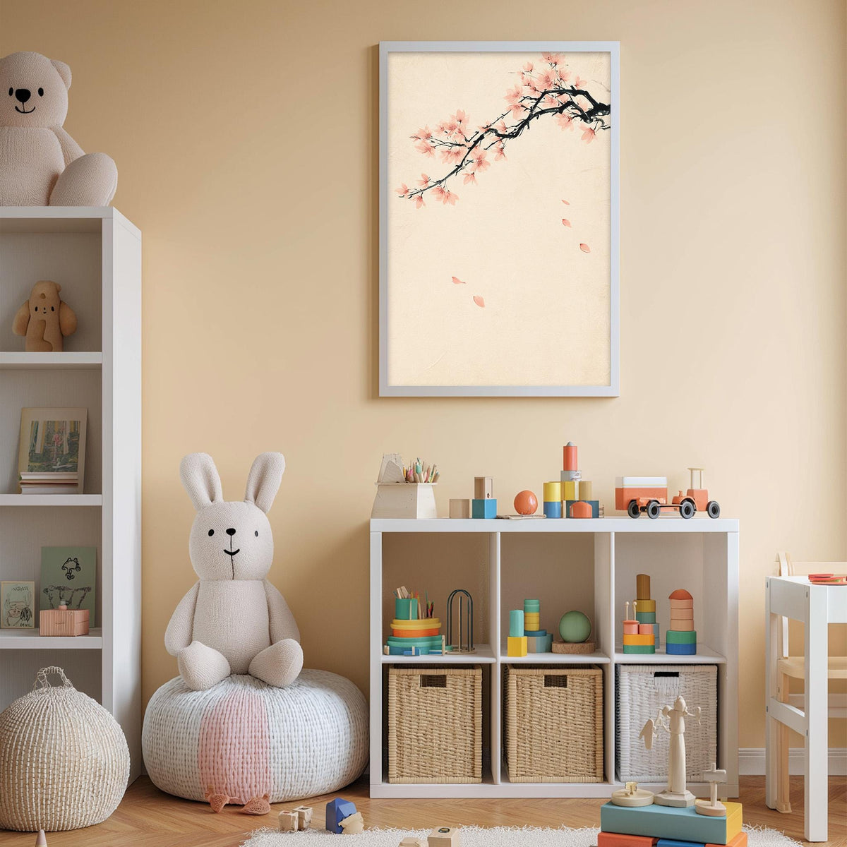 A cozy and well-organized children's playroom with a white bookshelf, a plush rabbit, and a toy train set. The room has a warm, inviting atmosphere with a framed picture of a cherry blossom tree on the wall.