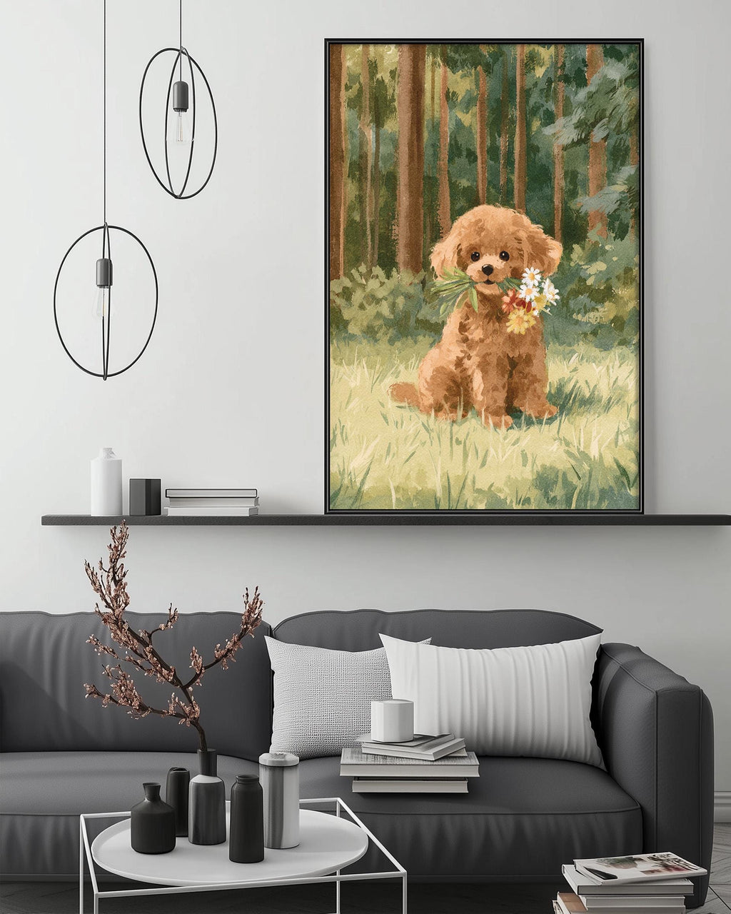 a cozy living room with a gray couch, a coffee table, and a large framed painting of a dog sitting in a grassy field.
