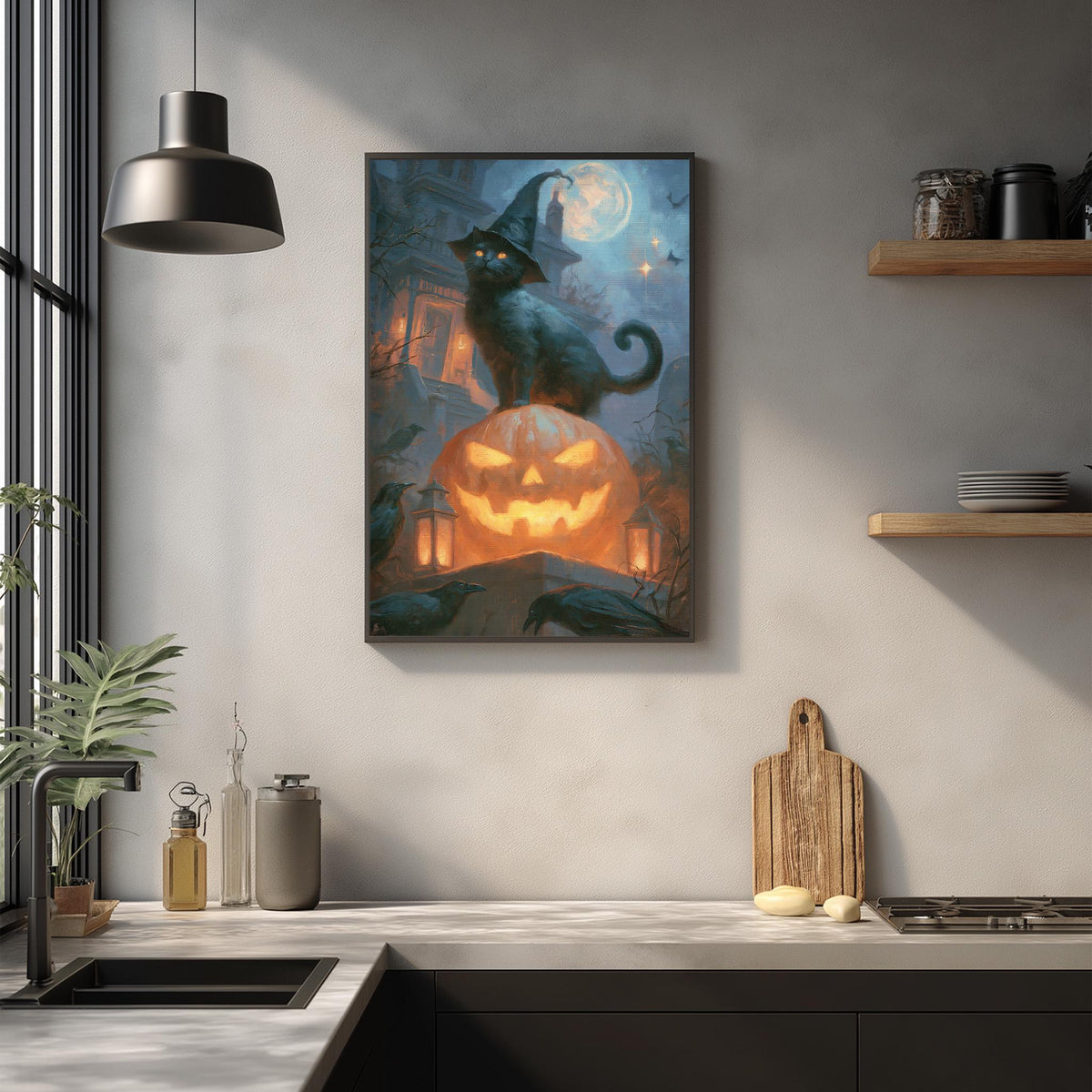 a Halloween-themed painting of a black cat sitting on a jack-o-lantern, with a witch's hat and a moonlit sky in the background.