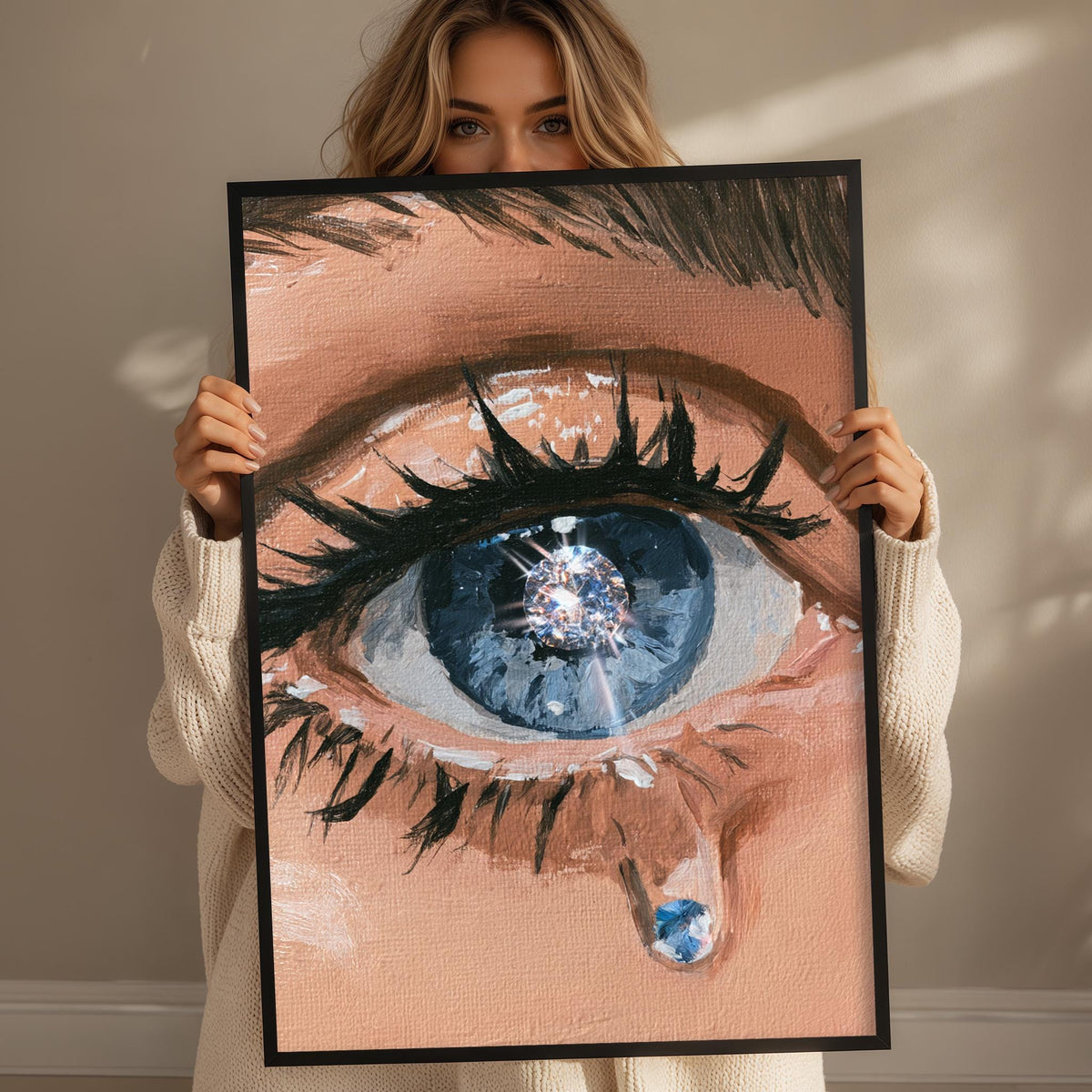 A woman holds up a framed painting of a large, detailed eye with a tear, showcasing the emotional intensity of the scene.