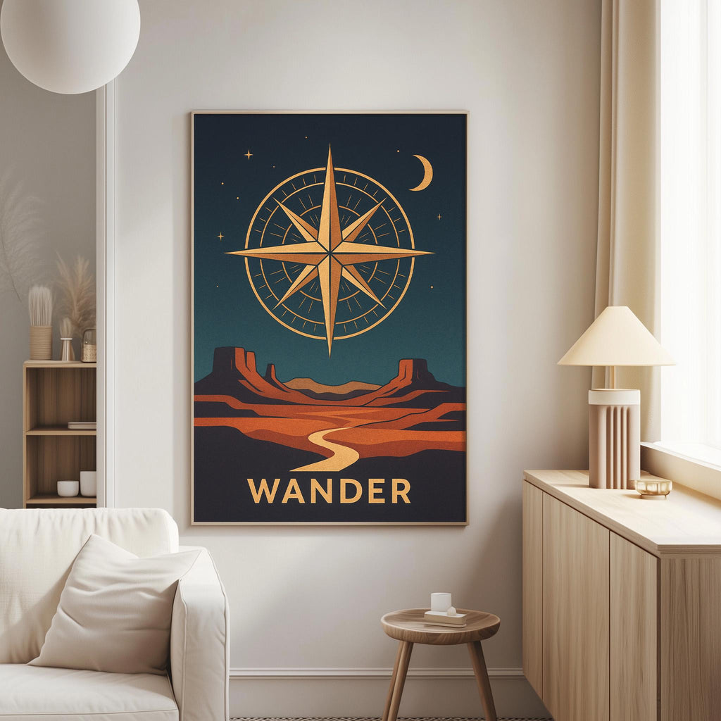 Compass Wall Art 'Wander' — Desert Travel Print, Boho Southwestern Decor