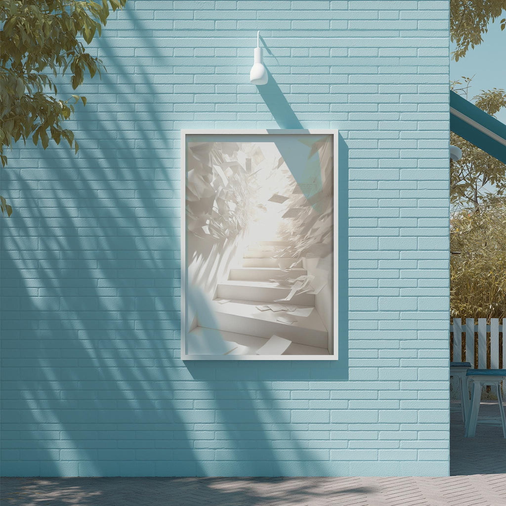 a blue brick wall with a framed picture of a staircase hanging on it. The picture is slightly tilted to the right, giving it a dynamic appearance. The wall is situated next to a tree, adding a natural element to the scene.