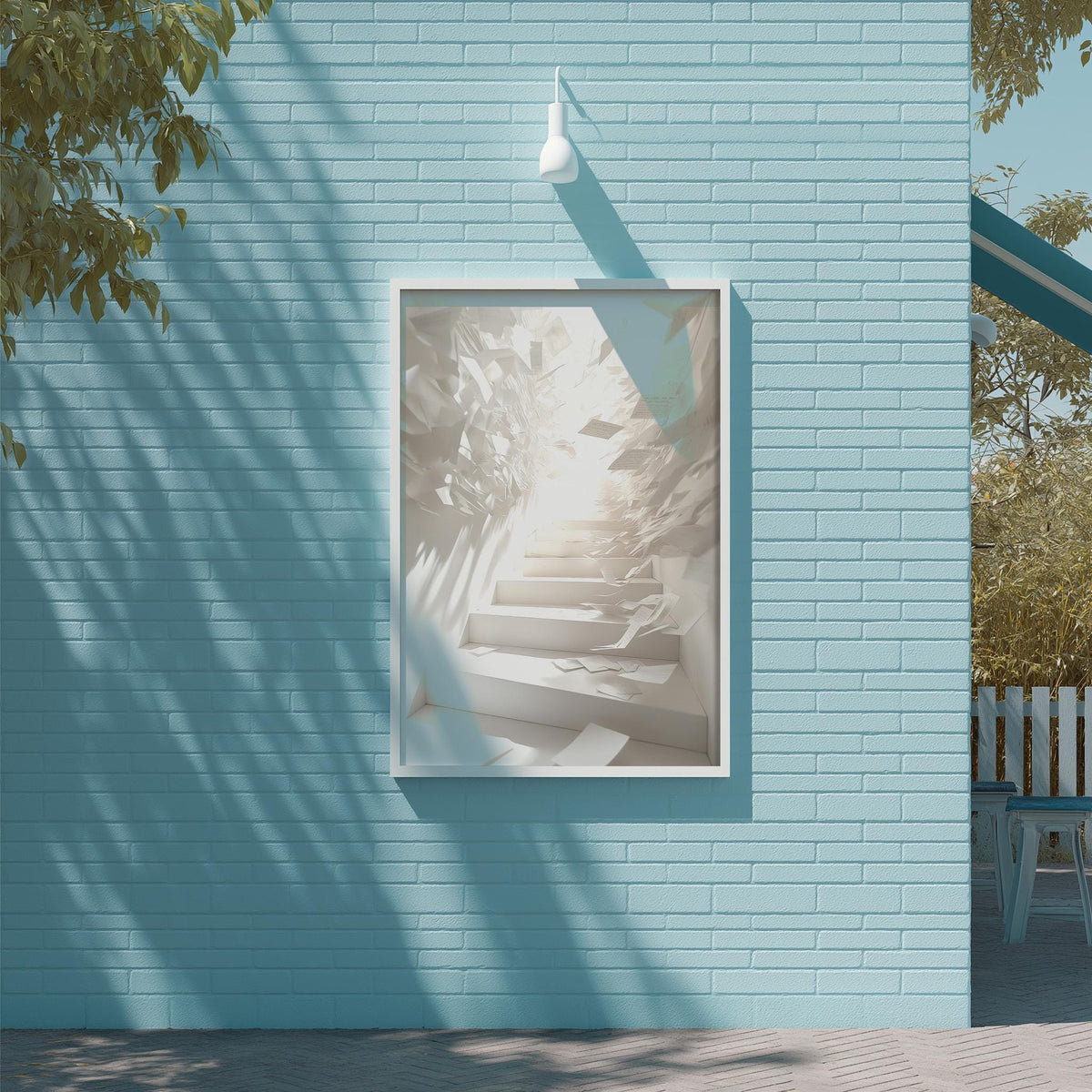 a blue brick wall with a framed picture of a staircase hanging on it. The picture is slightly tilted to the right, giving it a dynamic appearance. The wall is situated next to a tree, adding a natural element to the scene.