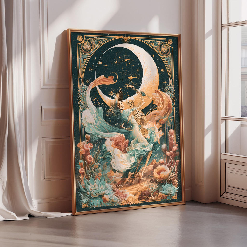 a large, ornate, and colorful painting of a crescent moon and a fantastical creature, possibly a dragon or unicorn, set against a starry night sky backdrop.