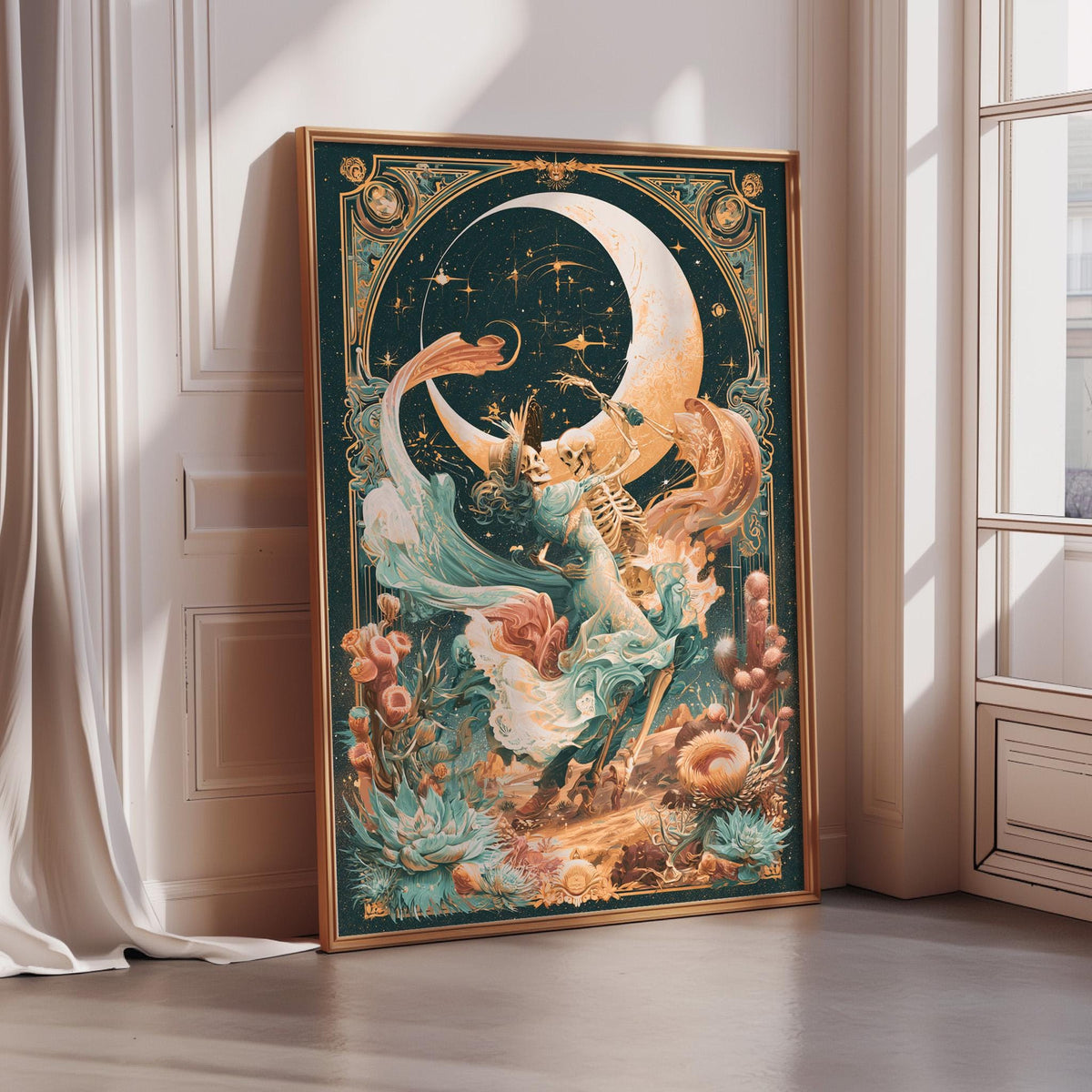 a large, ornate, and colorful painting of a crescent moon and a fantastical creature, possibly a dragon or unicorn, set against a starry night sky backdrop.