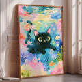 A large, colorful painting of a black cat with large eyes and a fish swimming in the background, set against a vibrant underwater scene.
