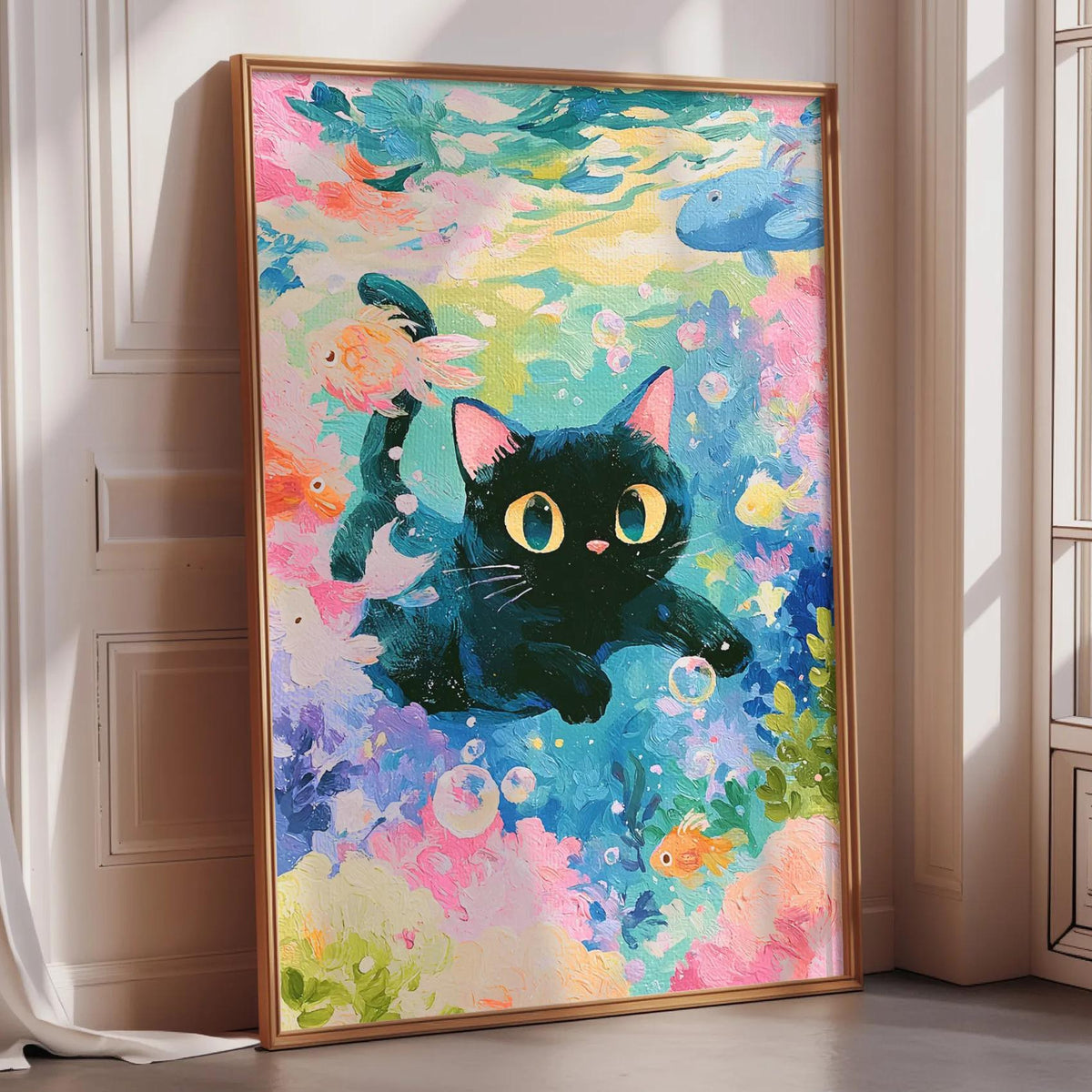 A large, colorful painting of a black cat with large eyes and a fish swimming in the background, set against a vibrant underwater scene.