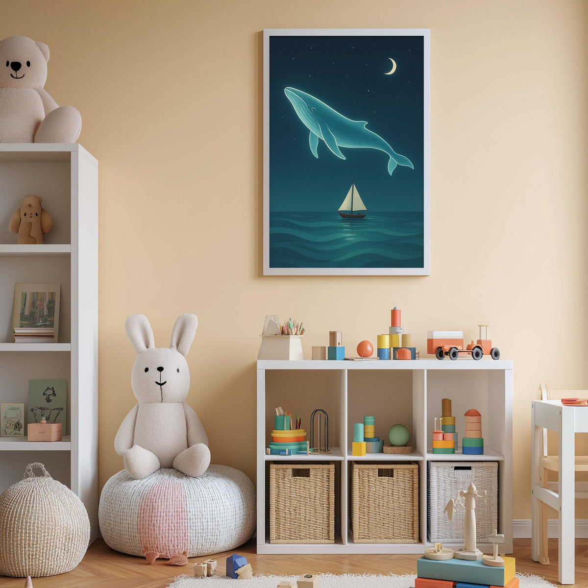 A cozy children's room with a large whale painting on the wall, a stuffed rabbit, a toy sailboat, and a bookshelf filled with toys and books.