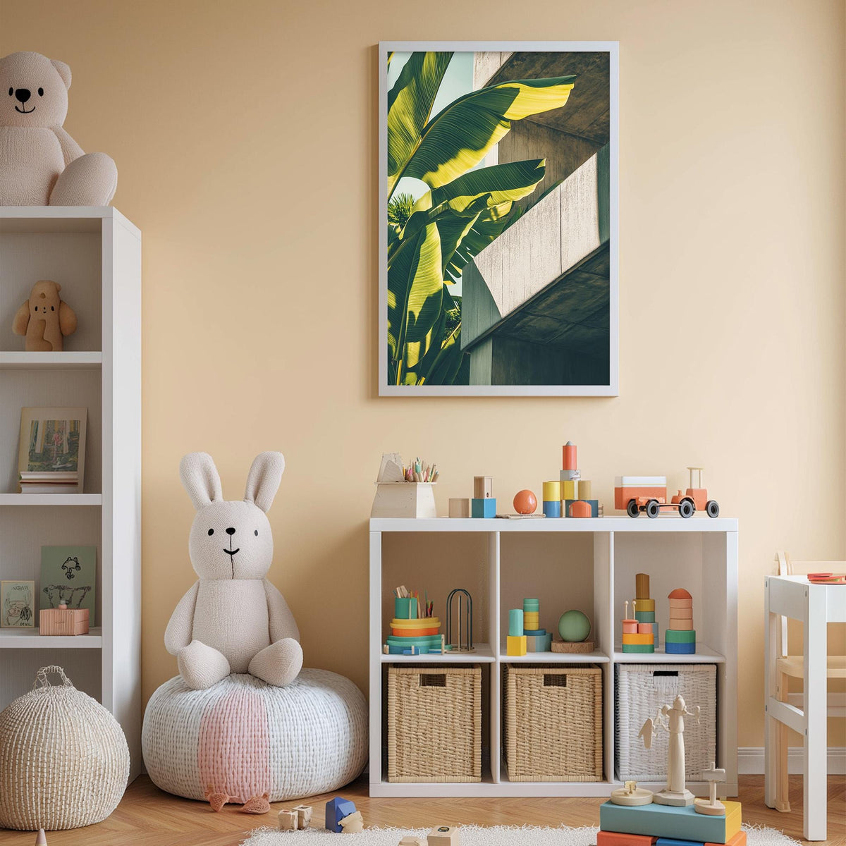 A cozy and colorful children's bedroom with a large stuffed bunny, shelves filled with toys, and a framed picture of a banana tree on the wall.