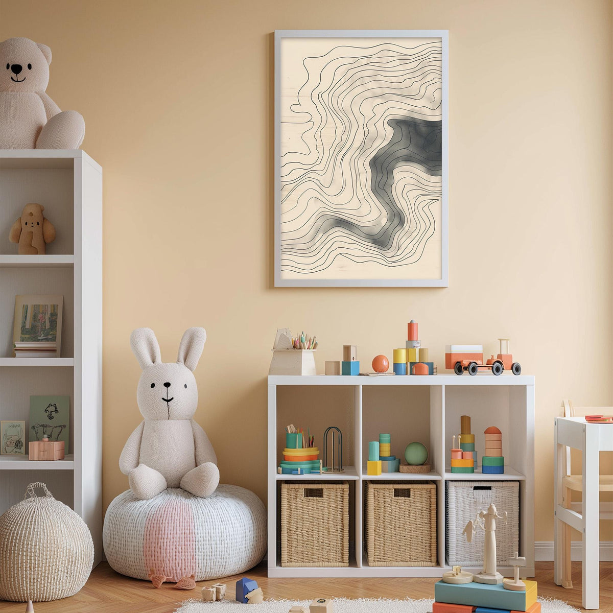 A cozy and colorful children's playroom with a white bookshelf, a plush rabbit, and a storage unit filled with toys and books.