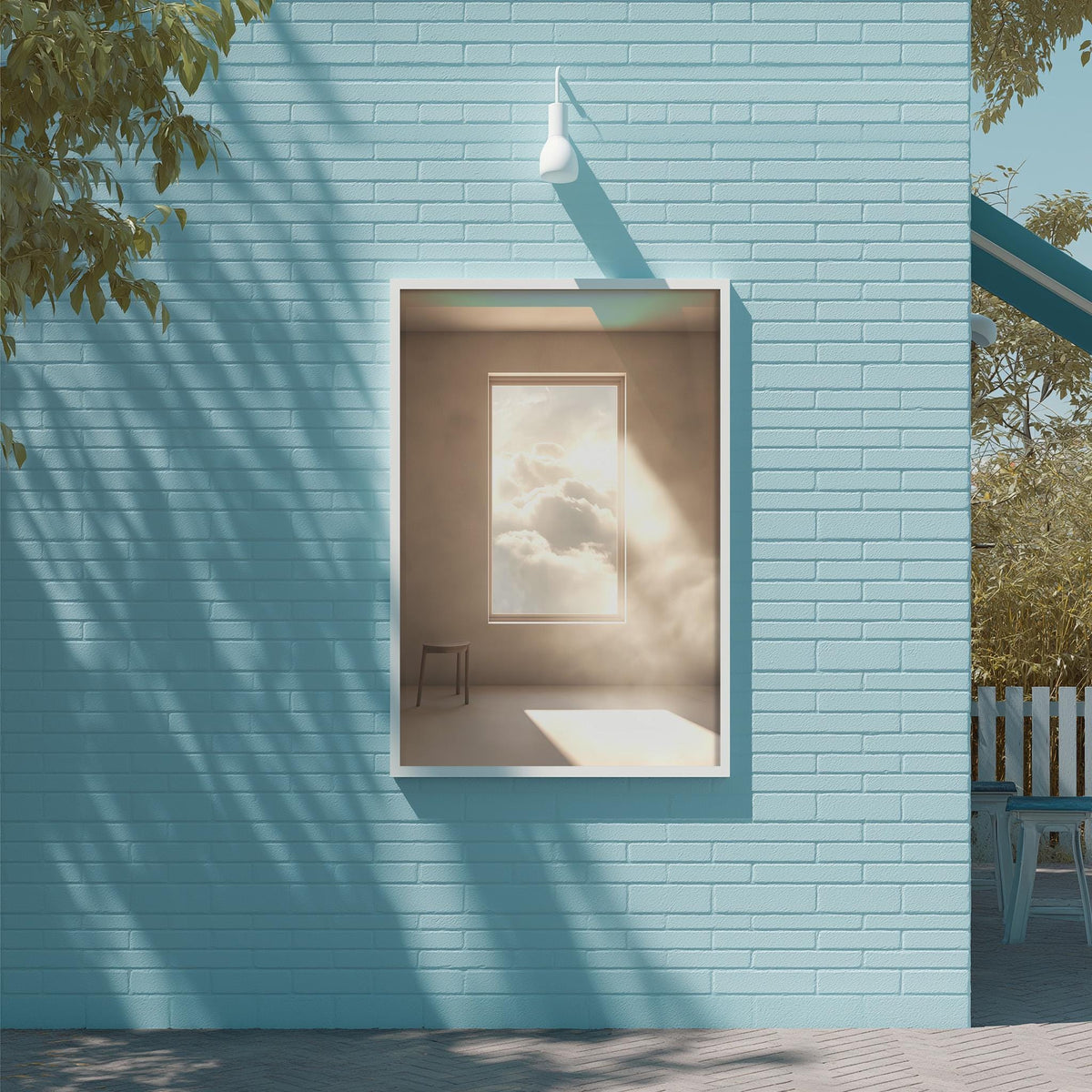 a blue brick wall with a framed picture of a window and a chair, creating a serene and peaceful atmosphere.