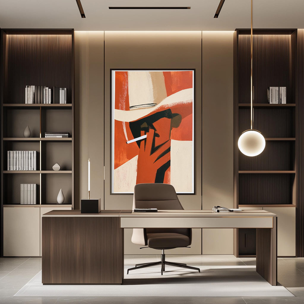 a modern and stylish office space with a large abstract painting on the wall, a wooden desk with a chair, and built-in bookshelves.