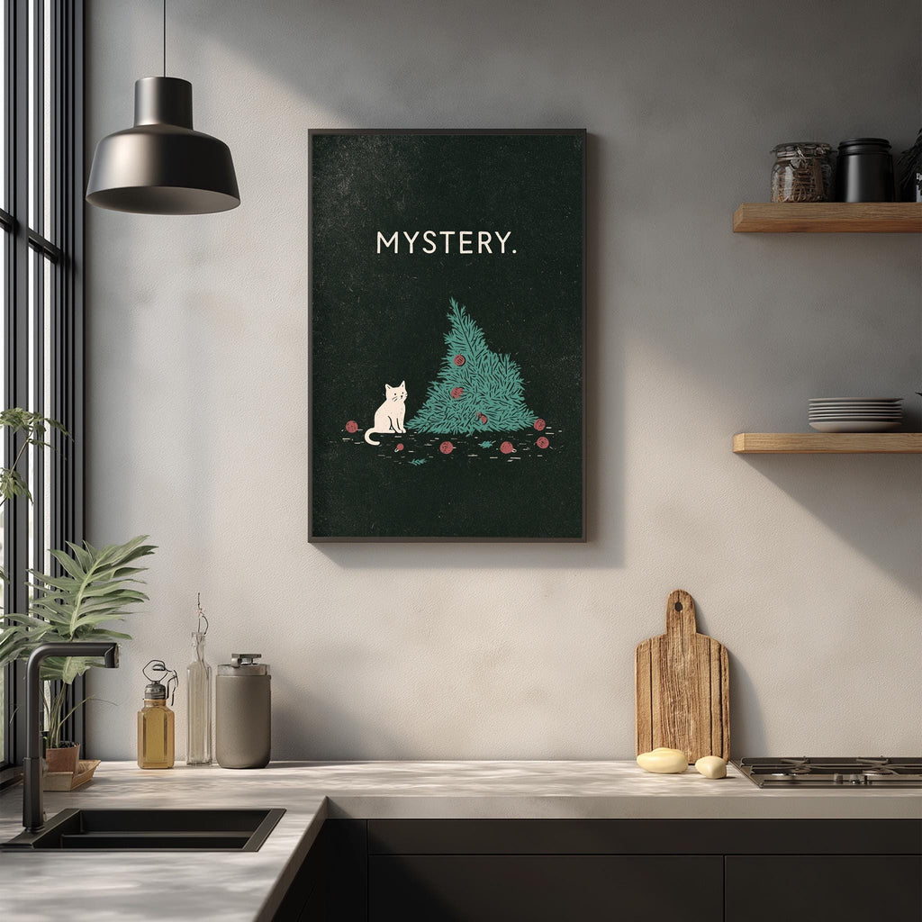 a kitchen counter with various items, including a potted plant, a cutting board, and a bottle. Above the counter, there is a framed poster with the text "MYSTERY."