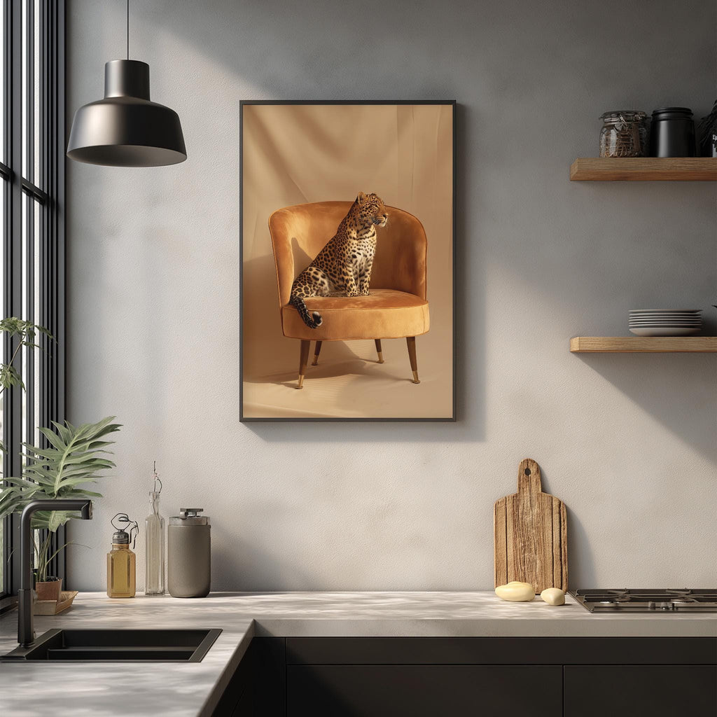a leopard sitting on an orange chair in a kitchen setting.