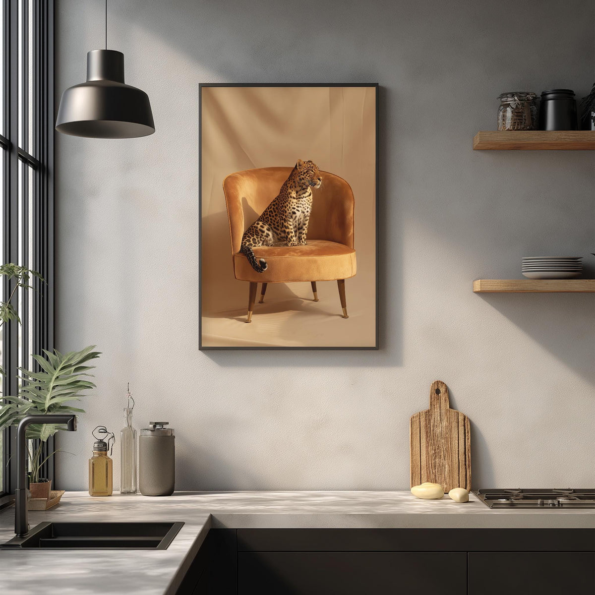 a leopard sitting on an orange chair in a kitchen setting.