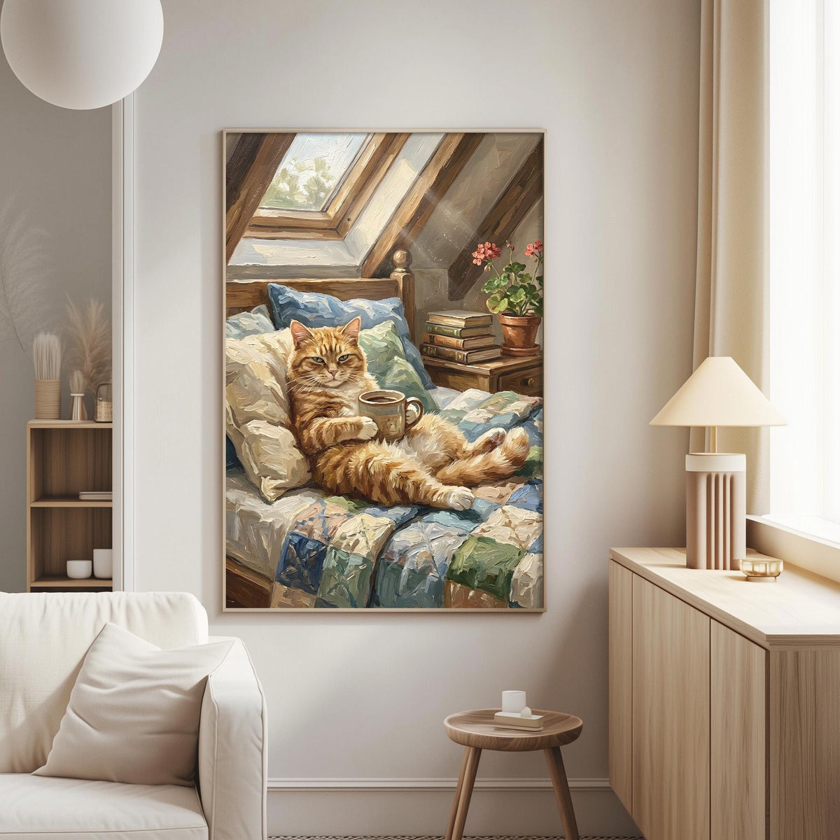 A cozy living room with a large painting of a cat lounging on a bed, surrounded by books and a potted plant, creating a warm and inviting atmosphere.