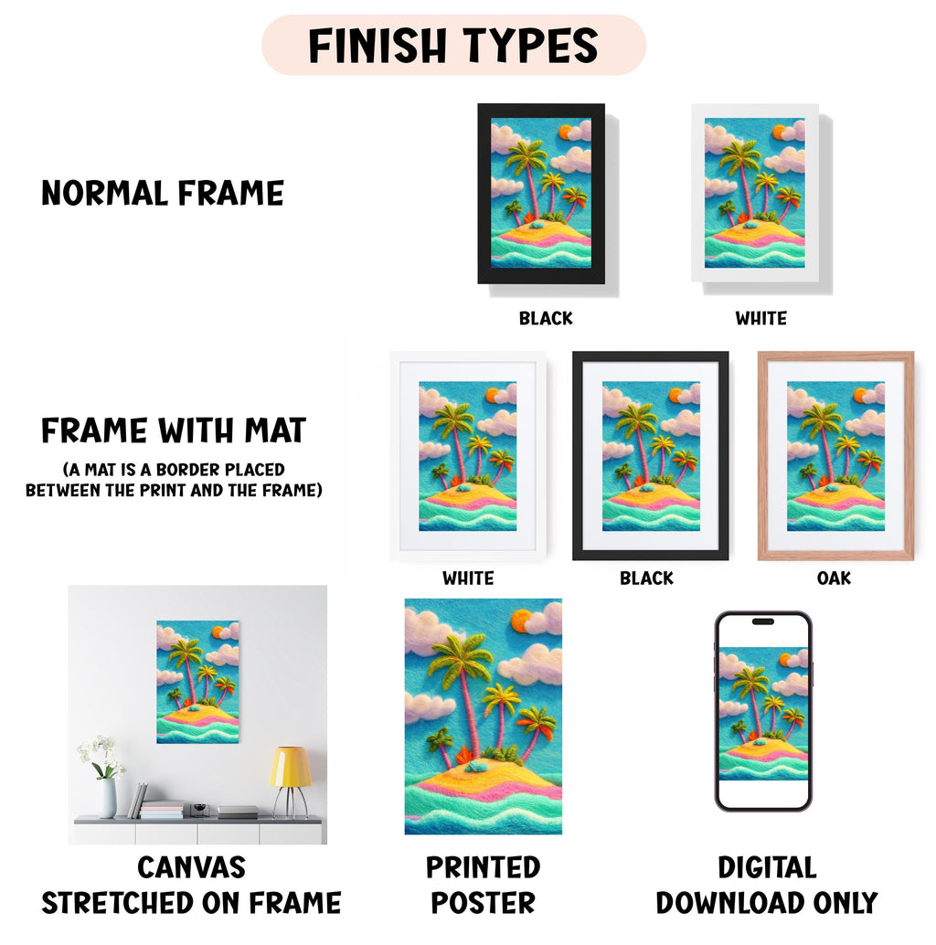 various types of artwork, including a painting of a tropical island, framed artworks, and digital art. The artwork is presented in different frame styles, such as a normal frame, a frame with a mat, a white frame, a black frame, an oak frame, and a canvas stretched on a frame. The artwork is also described as a poster, a printed poster, and a digital download only.