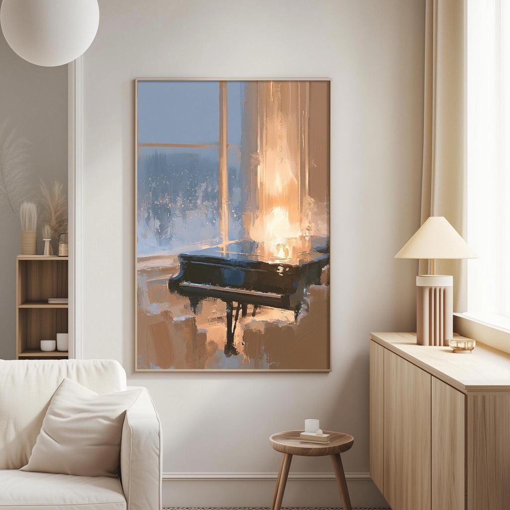a living room with a large framed painting of a grand piano on the wall, a white sofa, a wooden side table, and a lamp on a wooden cabinet.