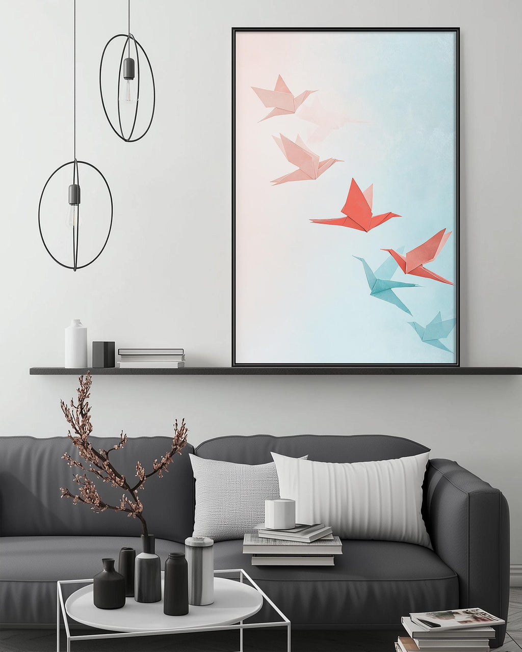 a modern living room with a gray sofa, a coffee table, and a large framed artwork of colorful origami birds on the wall.