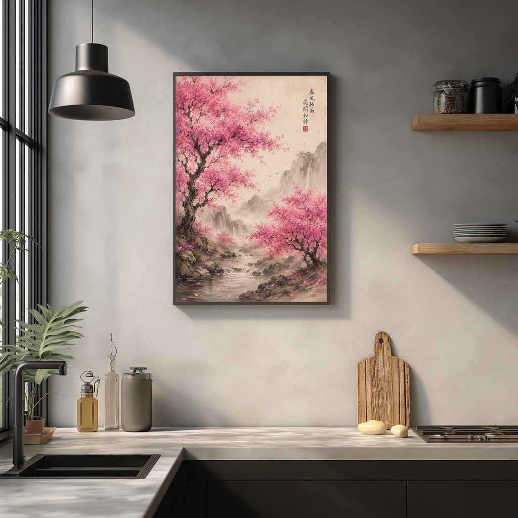 a kitchen counter with a framed picture of a pink cherry blossom tree hanging above it. The kitchen counter also has various kitchen items such as a cutting board, a bottle, and a vase.