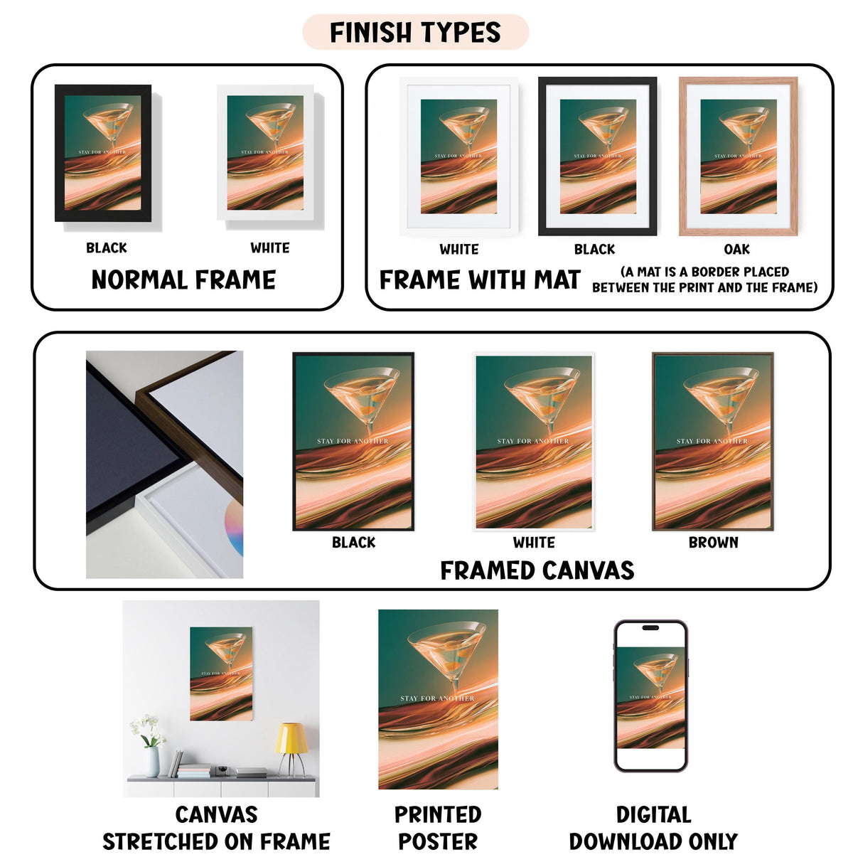 various types of artwork, including framed prints, canvas prints, and digital prints, each with different finishes and styles.
