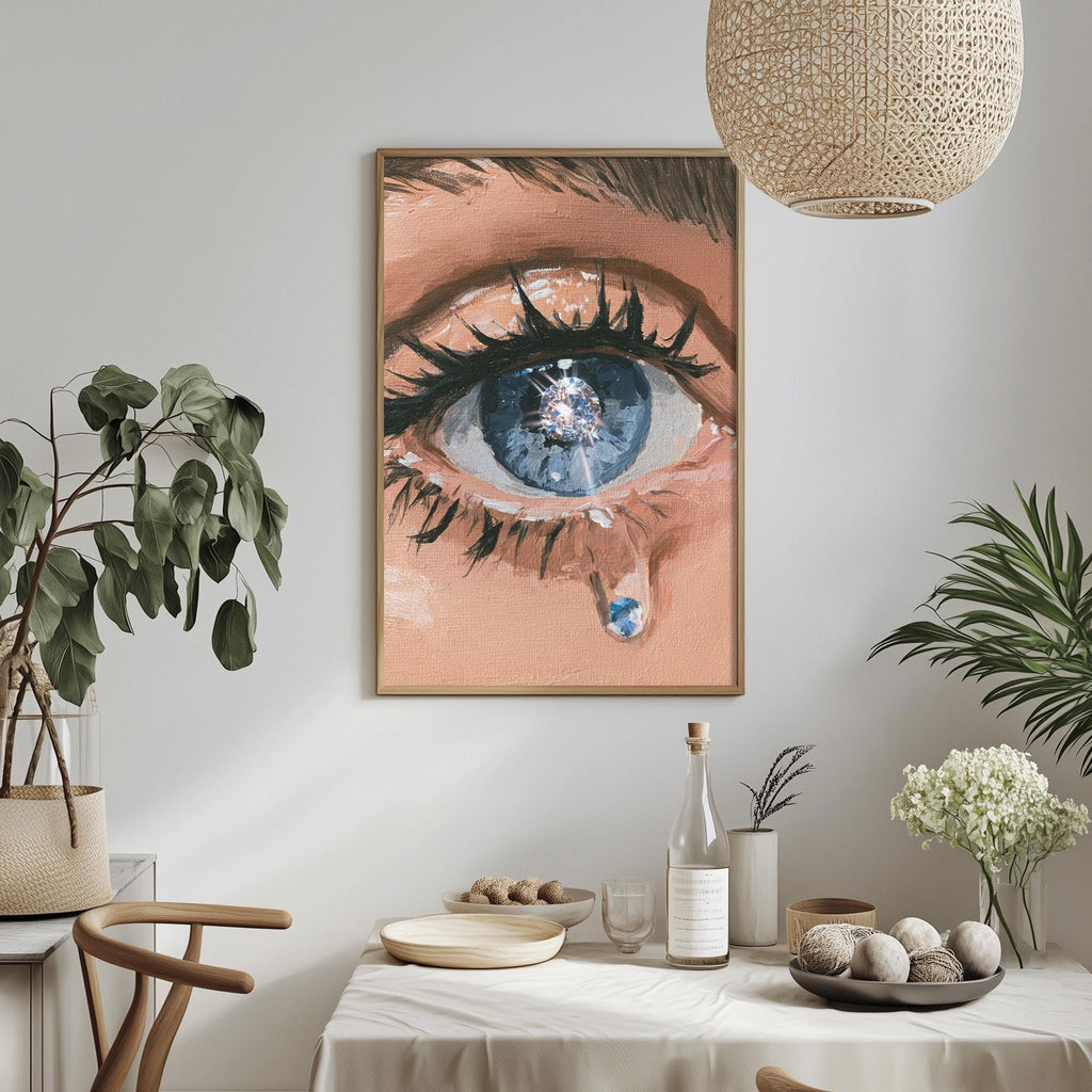 a dining table with a white tablecloth, a bowl of fruit, a bottle, and a vase with flowers. Above the table, there is a framed painting of a large eye with a tear in the lower eyelid.